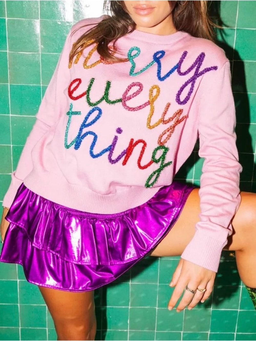 QUEEN OF SPARKLES Pink Merry Everything Sweater with Rainbow Embroidered Script